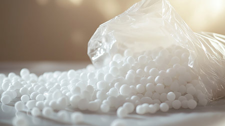 Clear plastic bag spilling foam balls onto a table, representing craft supply abundanceの素材