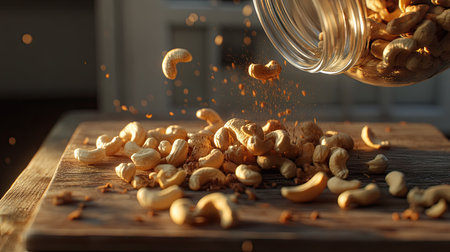 Cashew nuts being poured from a jar onto a wooden board, capturing motion and textureの素材