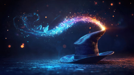 A magician's wand creating a glowing trail above a hat as if casting a spellの素材