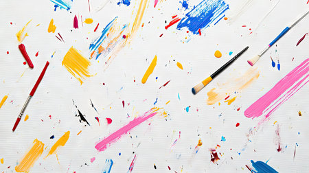 A scattered collection of colorful artistic paint brushes on a white canvas background with paint splattersの素材