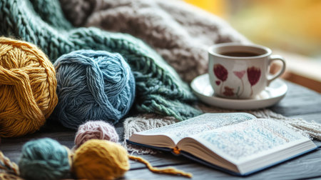 A knitter's table with colorful pastel yarns, pattern book, and cup of coffee in warm lightingの素材