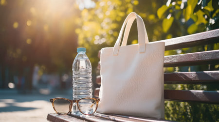 Canvas tote bag beside a reusable water bottle and sunglasses on a sunny outdoor benchの素材