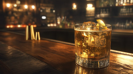 Classic cocktail glass with a golden drink and ice cubes, sitting on a wooden bar with moody evening lightingの素材