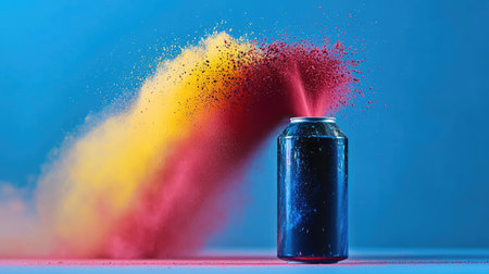 High-speed capture of paint powder spraying from a can in vivid red, blue, and yellow huesの素材