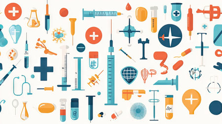 Syringe needle against a background of medical icons, symbolizing healthcare innovationの素材