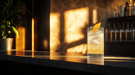 Modern bar counter with a signature cocktail in a tall glass, dramatic shadows and reflectionsの素材