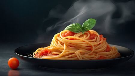 Steaming hot spaghetti served on a matte black plate with tomato sauce and basil, against a dark backgroundの素材