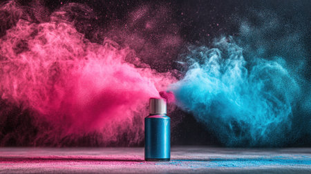 Spray can shooting turquoise and magenta powder across a white surface in dramatic lightingの素材