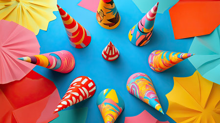 Party hats with cartoon prints and colorful textures placed in a circle on a vibrant backdropの素材