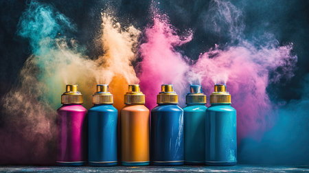 Several spray cans arranged with clouds of powder emerging from each in different vibrant shadesの素材