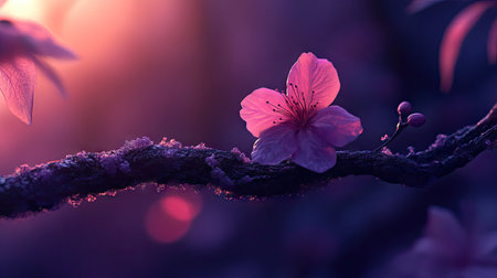 Single pink flower blooming on a dark purple branch bathed in gentle spring morning sunの素材