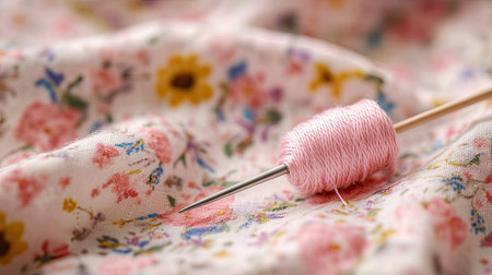 Needle threaded with pastel pink sewing thread, lying on a floral printed fabric close-upの素材
