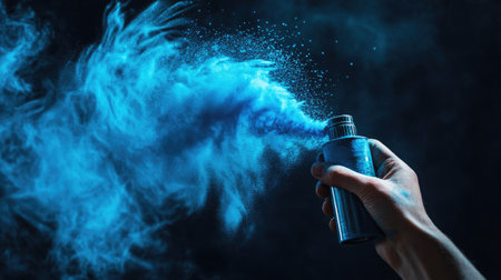 Spray can releasing bright blue powder, artist's hand partially visible, dramatic shadows behindの素材