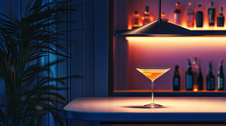 Sophisticated bar scene with a single cocktail glass glowing under a pendant light, reflections on the surfaceの素材