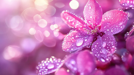 Pink flowers of a purple leaf plum tree covered in morning dew, sparkling in soft sunlightの素材