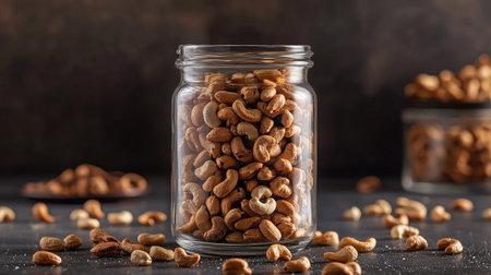 Roasted salted cashews in a transparent jar with the lid off, surrounded by scattered nutsの素材