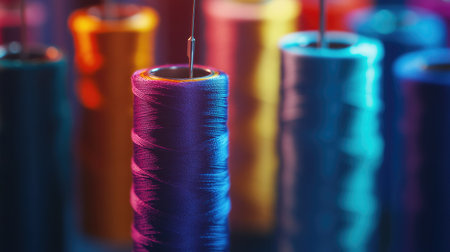 Threaded silver needle resting on spools of multicolor sewing thread, bright and crisp lightingの素材