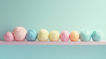 Soft focus of pastel yarn balls arranged in a rainbow gradient on a knitting shelfの素材