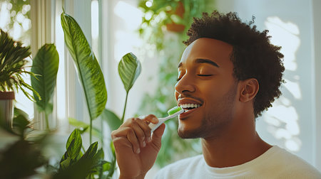Young man brushing his teeth in a cozy bathroom with indoor plants and soft lightingの素材