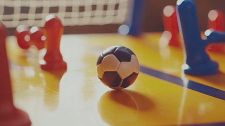 Toy table football set in action with ball rolling toward the goal, close-up focusの素材