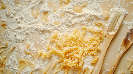 Artistic flat lay of uncooked macaroni, flour, and wooden utensils on a flour-dusted tableの素材