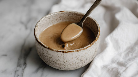 A spoon dipping into thick condensed milk in a ceramic bowl, with a white linen napkin beside itの素材