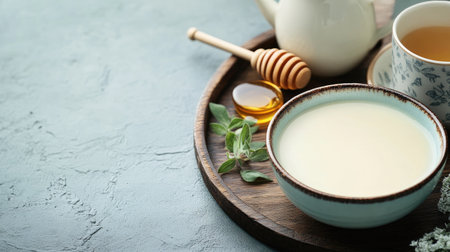A bowl of fresh condensed milk on a wooden tray with a small milk jug, honey dipper, and cup of teaの素材