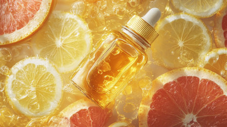 Close-up of a bottle of essential oil with golden liquid inside, surrounded by citrus fruit slicesの素材