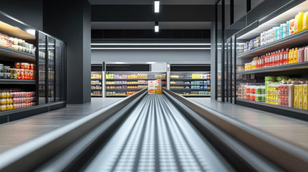 A minimalist view of a nearly empty conveyor belt with only a few essential grocery items placed neatlyの素材