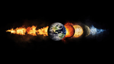 A time-lapse concept of Earth igniting gradually from pole to pole, signifying rising global temperaturesの素材
