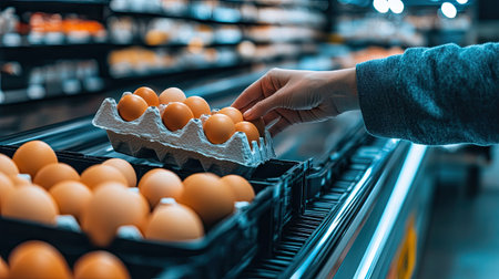 A shopper's hand placing a carton of eggs onto a moving grocery store conveyor belt under bright lightingの素材
