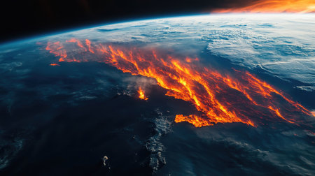 A close-up of Earth's atmosphere glowing red as heat and fire spread across continentsの素材