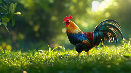 A flamboyant rooster walking through a lush green meadow, its vivid feathers contrasting beautifully with the natural backgroundの素材