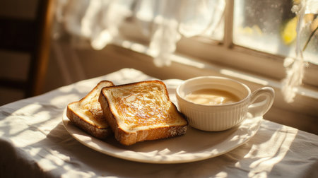A breakfast scene with toast and a small bowl of condensed milk for dipping, shot in natural morning lightの素材