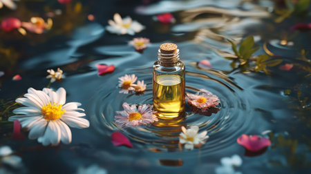 Clear essential oil bottle with herbal blend, floating in water with flower petals aroundの素材