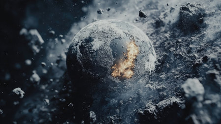 A surreal scene of Earth disintegrating into ash and embers in the vacuum of spaceの素材