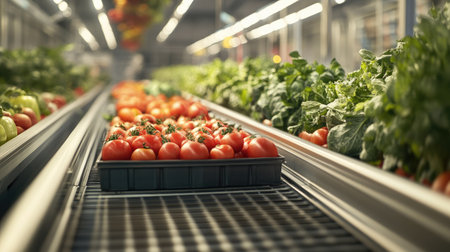 A focused shot of a conveyor belt carrying only fresh fruits and vegetables in a health-conscious grocery settingの素材