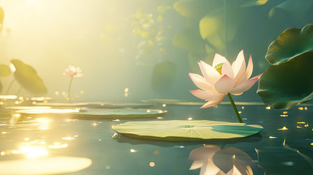 A serene pond scene with a pale pink lotus flower and a lily pad side by side, bathed in golden sunlightの素材