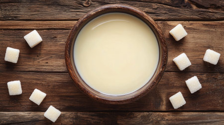A top-down view of a bowl filled with rich condensed milk on a rustic wooden table, with scattered sugar cubes nearbyの素材