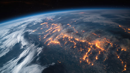 A satellite view of a burning Earth with massive wildfires visible from orbit and glowing heat zonesの素材
