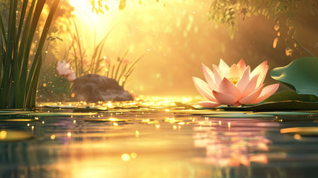 A serene pond scene with a pale pink lotus flower and a lily pad side by side, bathed in golden sunlightの素材