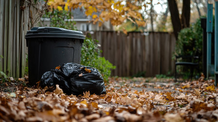 Backyard scene with an open trash can and black trash bag partially filled, surrounded by fallen leavesの素材
