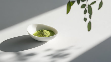 A minimal scene showing matcha powder in a small white dish placed on a white background with soft lightingの素材