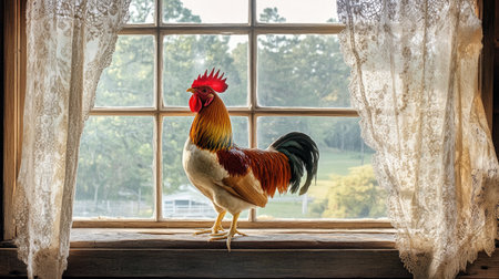 A rooster standing tall on a farmhouse windowsill, framed by rustic wood and lace curtainsの素材