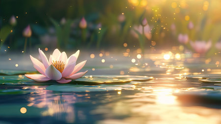 A romantic scene of a pale pink lotus and lily pad lit by golden hour light, with soft ripples across the waterの素材