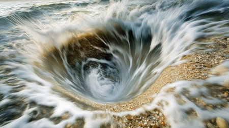 Close-up of a vortex forming in shallow water with sand and debris caught in circular motionの素材