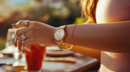 A woman's wrist adorned with a classic wrist watch and thin gold bangles, captured during a casual brunch outdoorsの素材