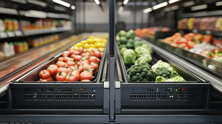A side view of two conveyor belts separated by a divider bar, each with different shoppers' groceriesの素材