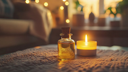Glass bottle of essential oil with cork stopper, sitting beside a lit candle in a cozy settingの素材