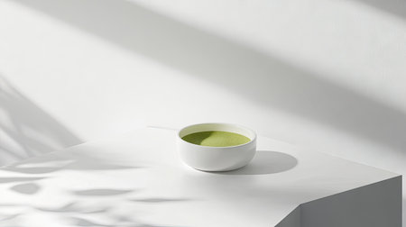 A minimal scene showing matcha powder in a small white dish placed on a white background with soft lightingの素材